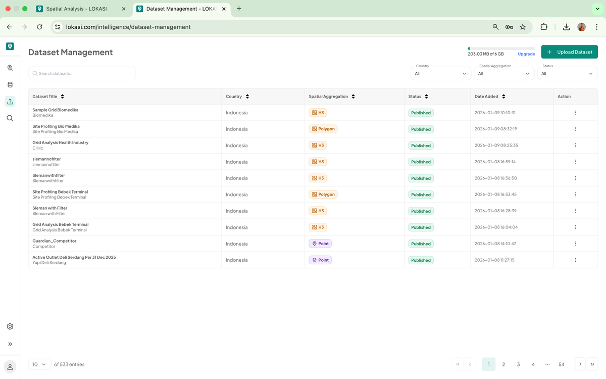 ESTAgeo Dataset Management screen listing uploaded datasets with status and spatial aggregation
